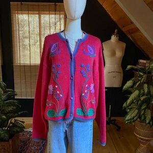 Embroidered Cardigan Sweater Floral Cotton Red